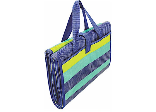 Outdoor Picnic Mat with Carry Strap - Blue/Turquoise/Green Stripes, 60 inch x 78 inch