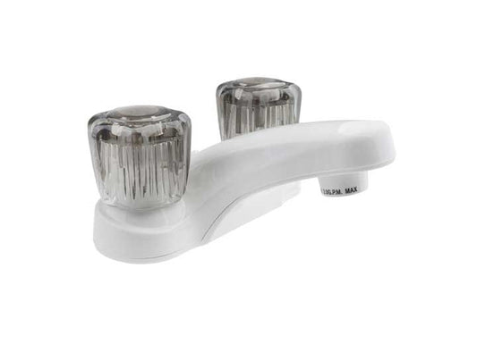 White RV Lavatory Faucet with Smoked Acrylic Knobs