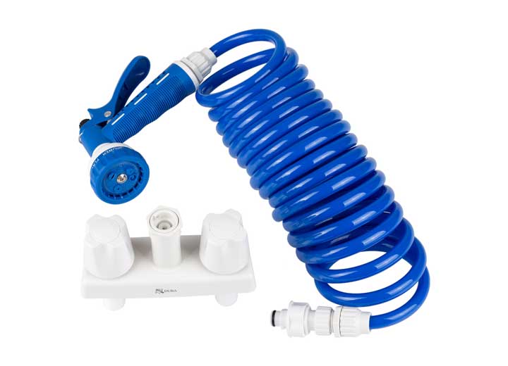 RV Exterior Spray Faucet with Coil Hose and Multi Spray Nozzle - White/Blue