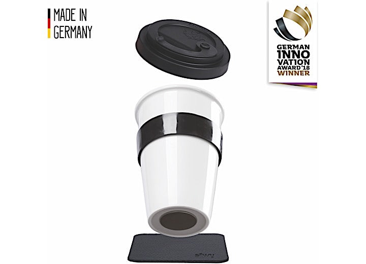 Magnetic Porcelain Travel Cup with Heat Protection Band and Black Lid